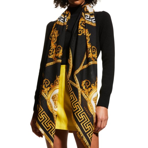 Versace Accessories - Versace Cashmere Wool Silk Le Coupe Des Dieux Scarf Black Gold Square Italy